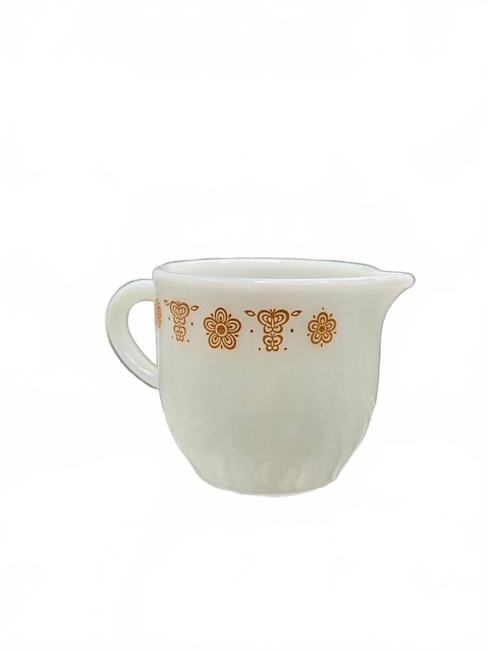 Vtg Pyrex Milk Glass Creamer Pitcher, Butterfly Gold Pattern, 8 oz